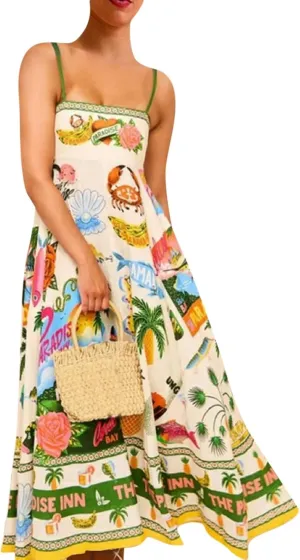 Women Cute Print Maxi Cami Dress Loose Sleeveless Spaghetti Strap Boho Dress Flowy Graffiti Long Aline Sun Dress