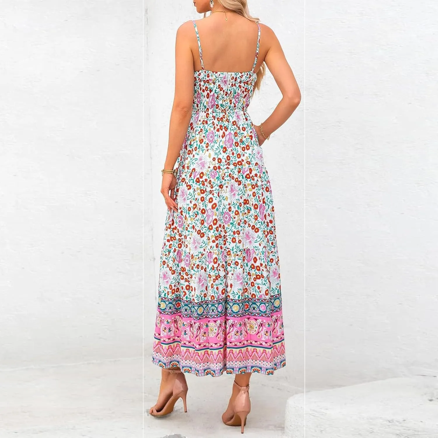 Women Cute Print Maxi Cami Dress Loose Sleeveless Spaghetti Strap Boho Dress Flowy Graffiti Long Aline Sun Dress