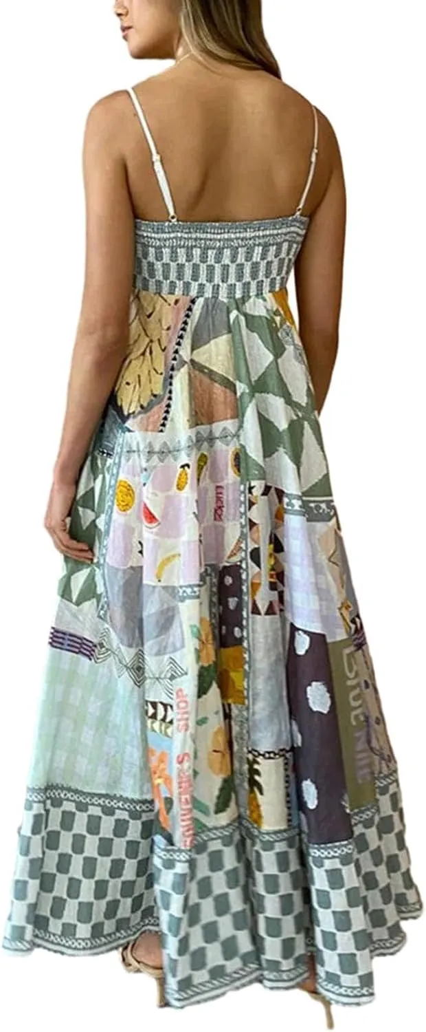 Women Cute Print Maxi Cami Dress Loose Sleeveless Spaghetti Strap Boho Dress Flowy Graffiti Long Aline Sun Dress