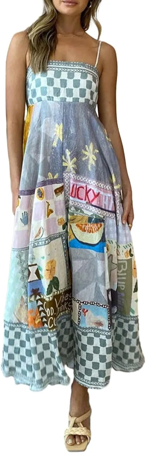 Women Cute Print Maxi Cami Dress Loose Sleeveless Spaghetti Strap Boho Dress Flowy Graffiti Long Aline Sun Dress