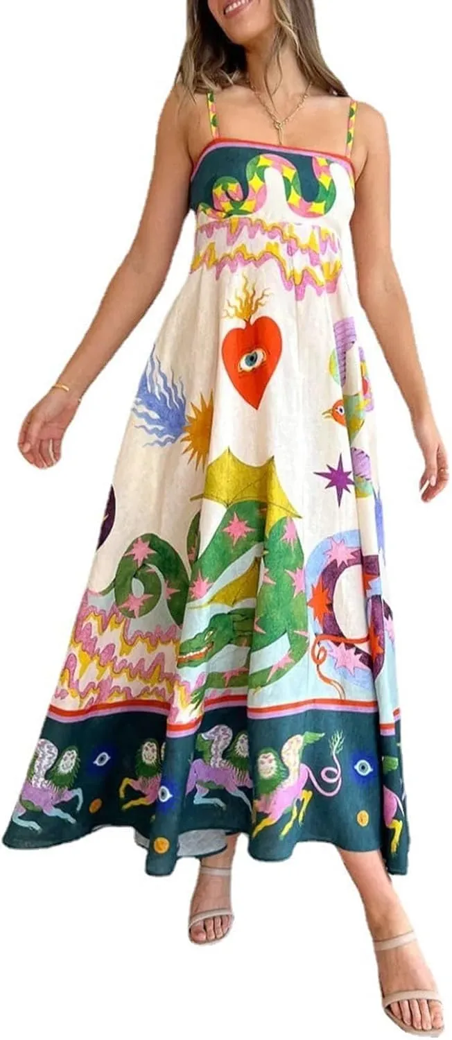 Women Cute Print Maxi Cami Dress Loose Sleeveless Spaghetti Strap Boho Dress Flowy Graffiti Long Aline Sun Dress