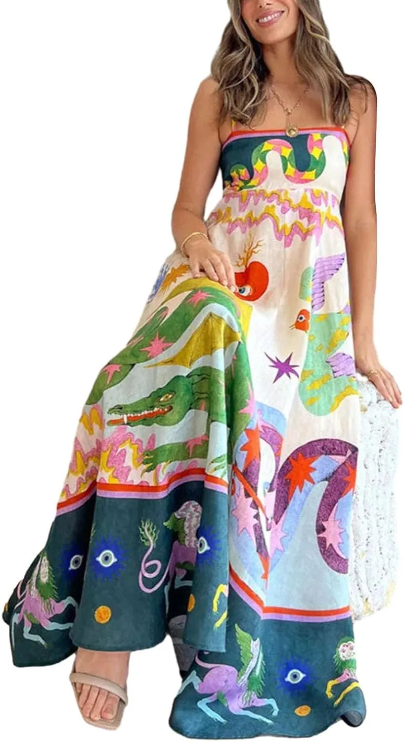 Women Cute Print Maxi Cami Dress Loose Sleeveless Spaghetti Strap Boho Dress Flowy Graffiti Long Aline Sun Dress