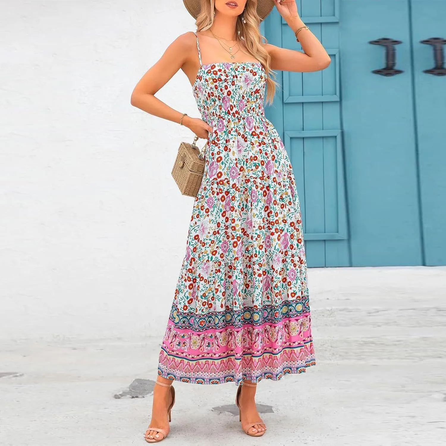 Women Cute Print Maxi Cami Dress Loose Sleeveless Spaghetti Strap Boho Dress Flowy Graffiti Long Aline Sun Dress