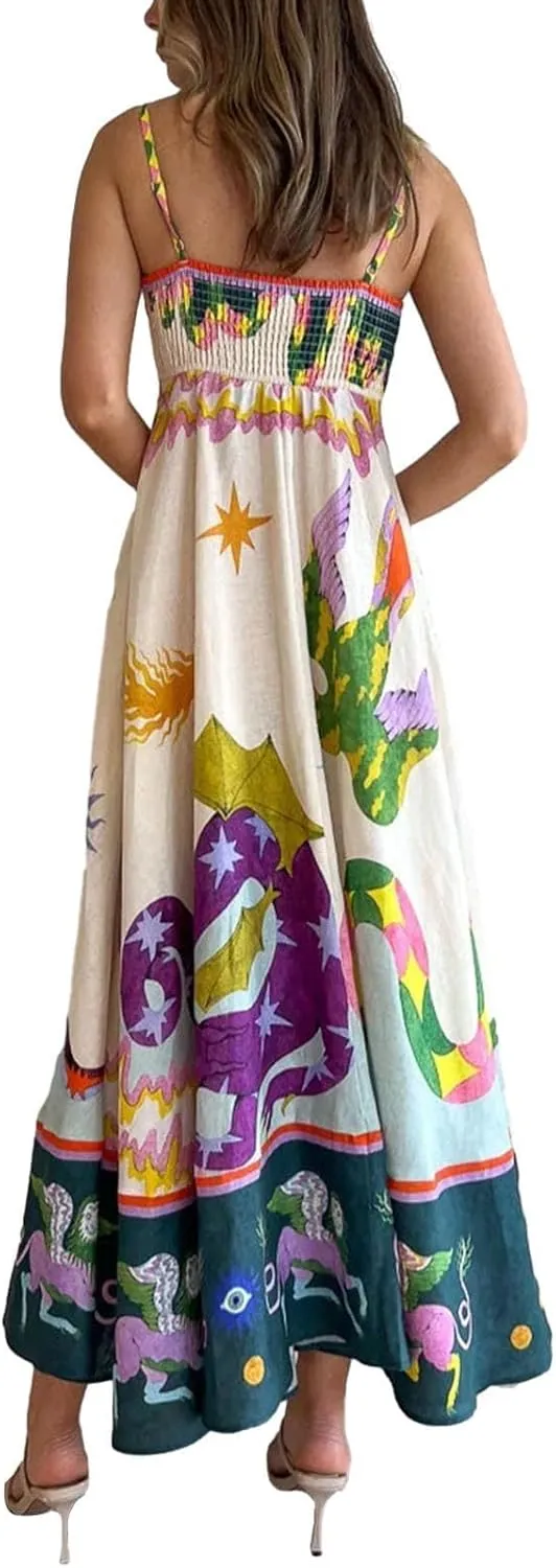 Women Cute Print Maxi Cami Dress Loose Sleeveless Spaghetti Strap Boho Dress Flowy Graffiti Long Aline Sun Dress