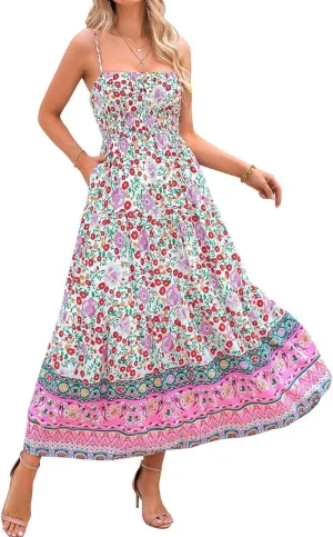 Women Cute Print Maxi Cami Dress Loose Sleeveless Spaghetti Strap Boho Dress Flowy Graffiti Long Aline Sun Dress