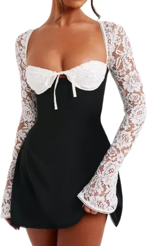 Women Elegant Lace Mini Dress Low Cut Back Tie Lace Patchwork Long Sleeve Dress Cocktail Party Clubwear