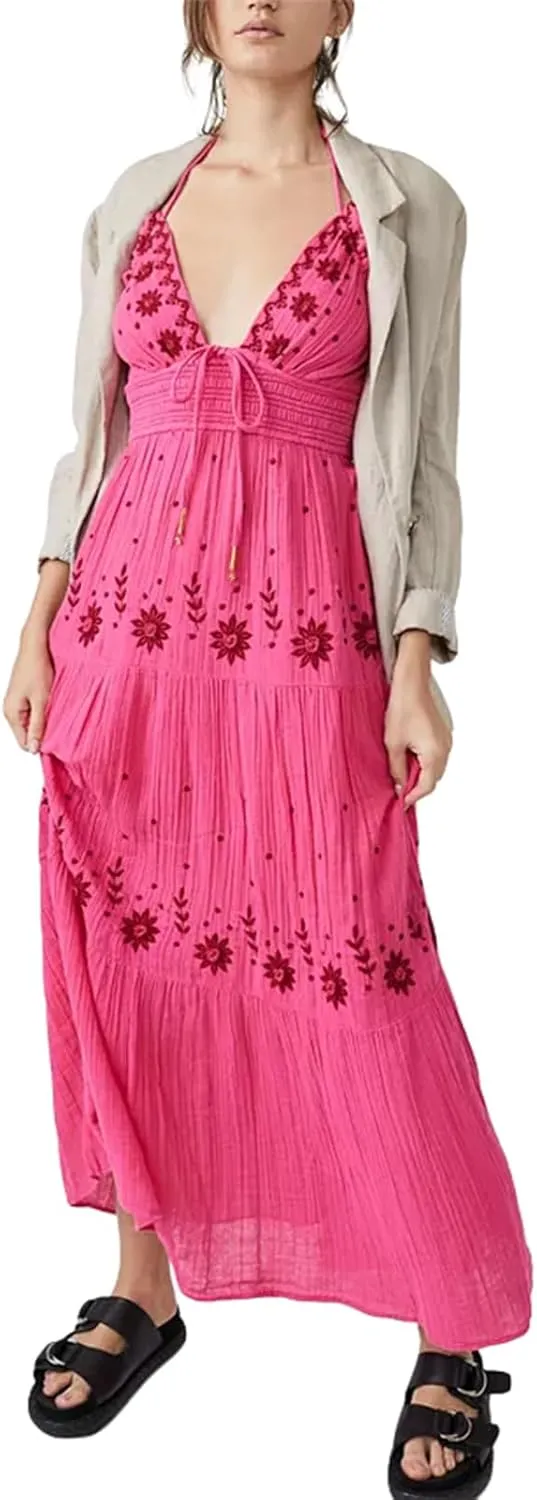 Women Floral Maxi Dress Y2k Sleeveless Backless Spaghetti Strap A-Line Long Flowy Dress Summer Vacation Sundress