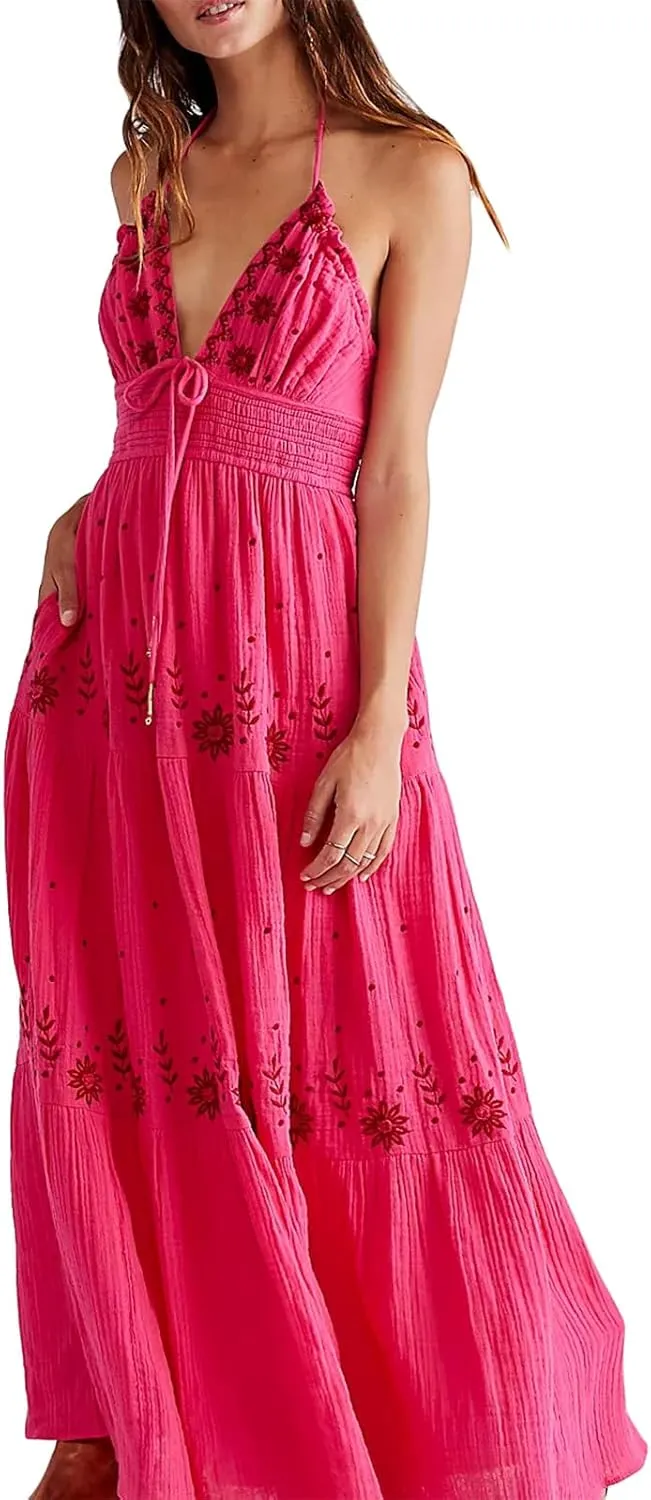 Women Floral Maxi Dress Y2k Sleeveless Backless Spaghetti Strap A-Line Long Flowy Dress Summer Vacation Sundress