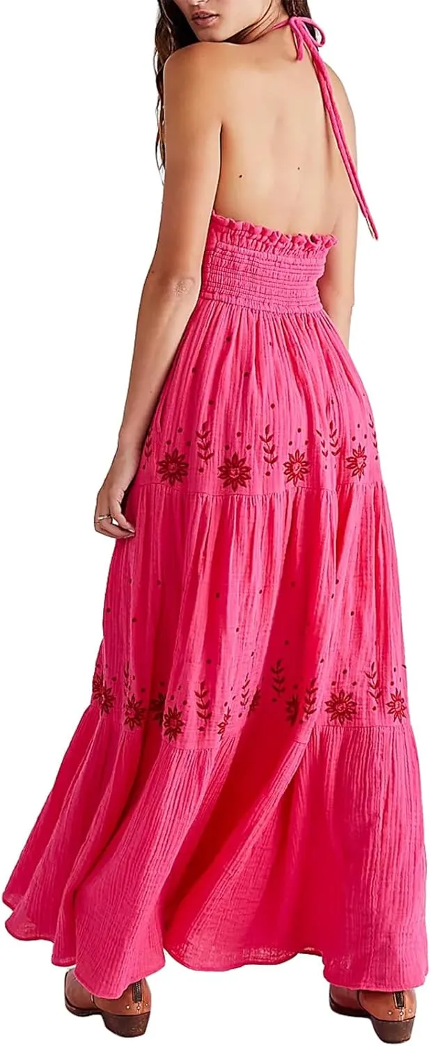 Women Floral Maxi Dress Y2k Sleeveless Backless Spaghetti Strap A-Line Long Flowy Dress Summer Vacation Sundress
