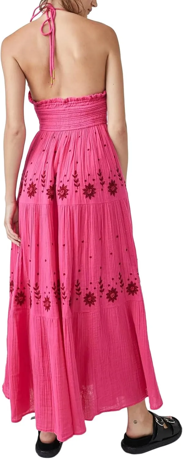 Women Floral Maxi Dress Y2k Sleeveless Backless Spaghetti Strap A-Line Long Flowy Dress Summer Vacation Sundress