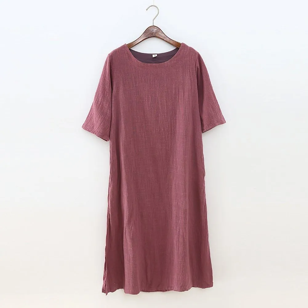 Women Linen O-Neck Half Sleeve Dress Loose Robe Summer Midi Long Dress