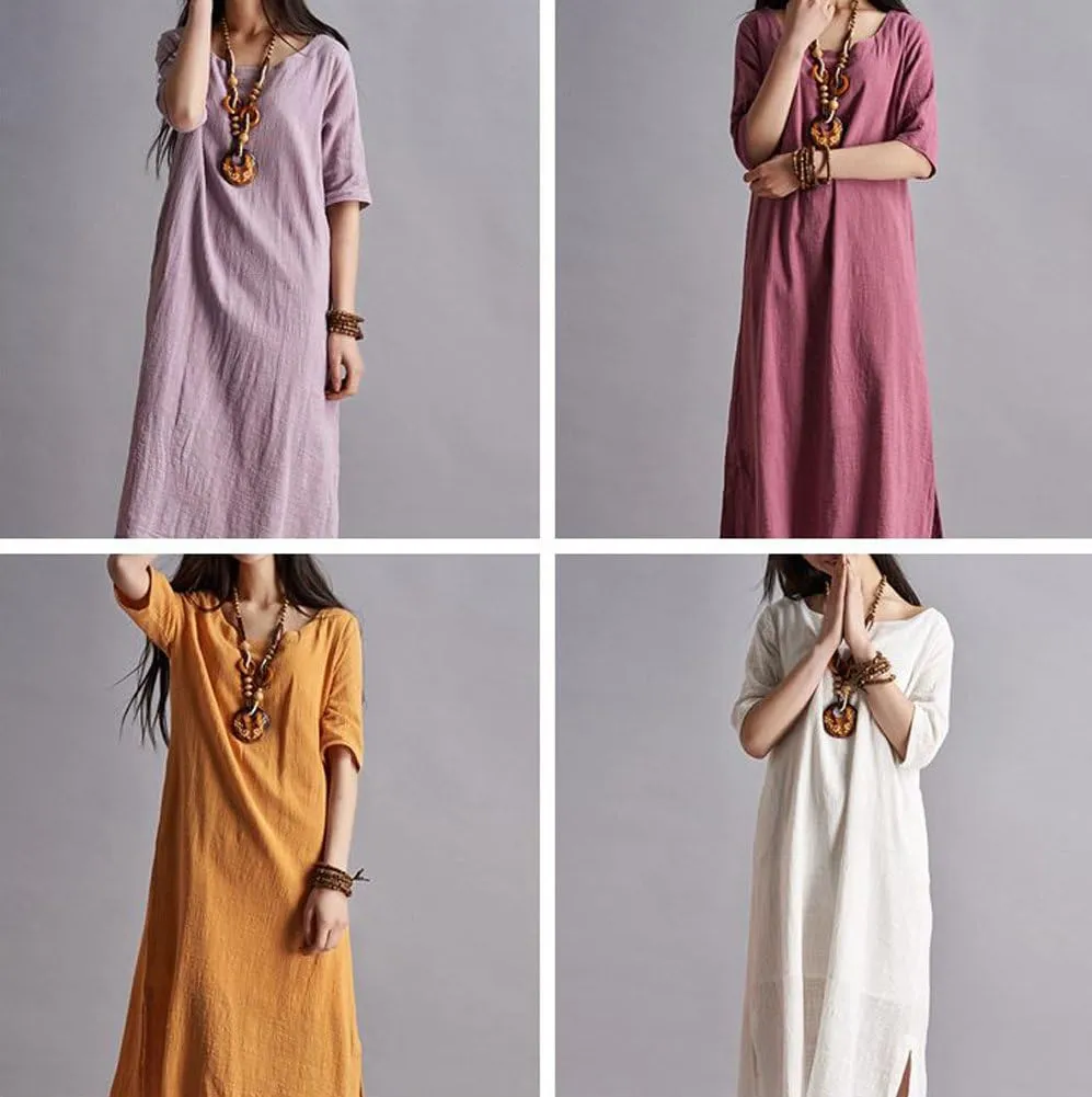 Women Linen O-Neck Half Sleeve Dress Loose Robe Summer Midi Long Dress
