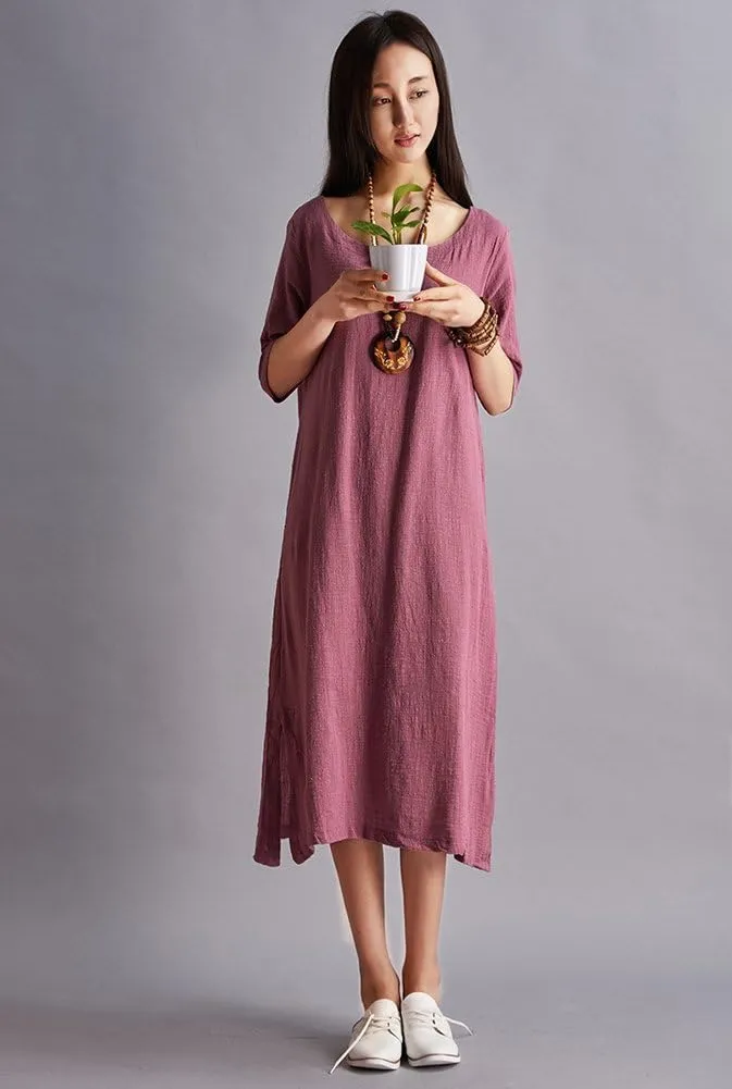 Women Linen O-Neck Half Sleeve Dress Loose Robe Summer Midi Long Dress