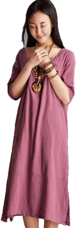 Women Linen O-Neck Half Sleeve Dress Loose Robe Summer Midi Long Dress