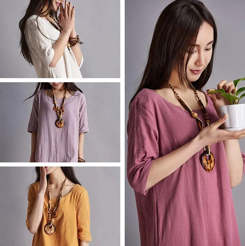 Women Linen O-Neck Half Sleeve Dress Loose Robe Summer Midi Long Dress