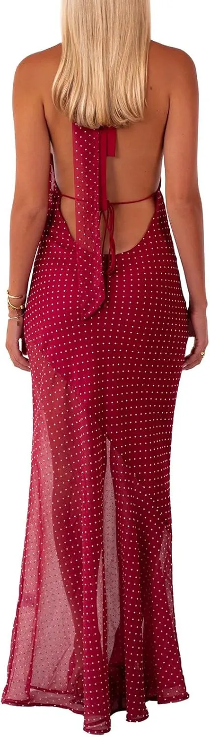 Women Polka Dot Summer Sundress Y2k V Neck Tie Back Spaghetti Strap Maxi Dress 2025 Slim Fit A Line Beachwear