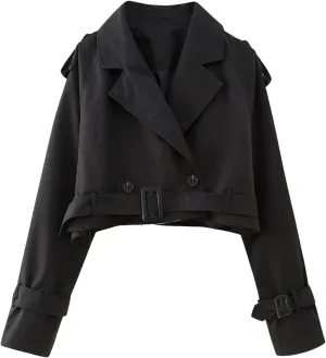 Women With Belt Long Sleeve Short Casual Trench Jacket Short Coat Gear Women