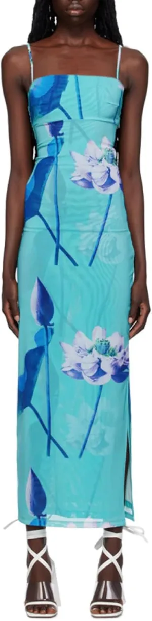 Women Y2k Floral Spaghetti Strap Maxi Dress Abstract Flower Print Long Slip Dress Elegant Bodycon Cami Dress