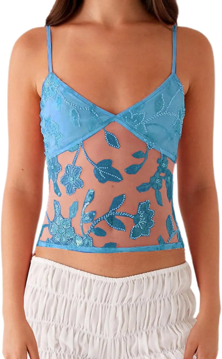 Women Y2K Sequin Mesh Tank Top Glitter Floral Embroidered Cami Crop Top Sleeveless Backless Rhinestone Camisole