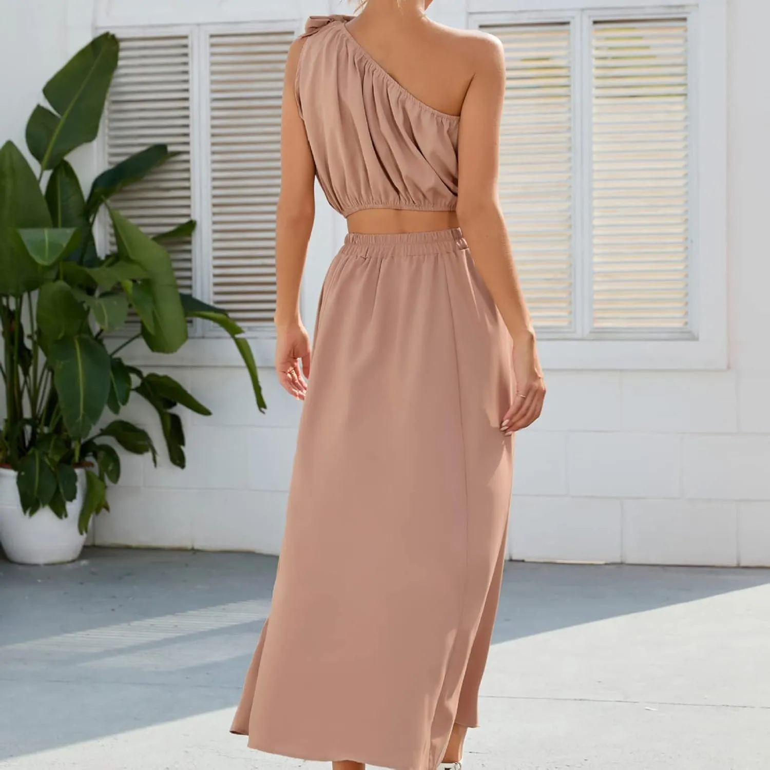 Womens 2 Piece Summer Outfits One Shoulder Smocked Crop Top Casual Split Vacation Maxi Skirt Dress Set 2024 Fashion