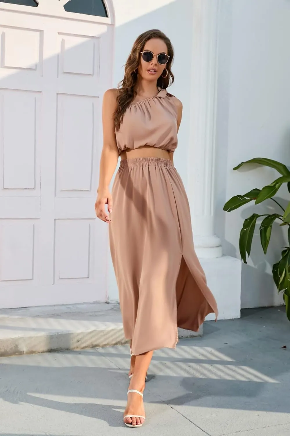Womens 2 Piece Summer Outfits One Shoulder Smocked Crop Top Casual Split Vacation Maxi Skirt Dress Set 2024 Fashion