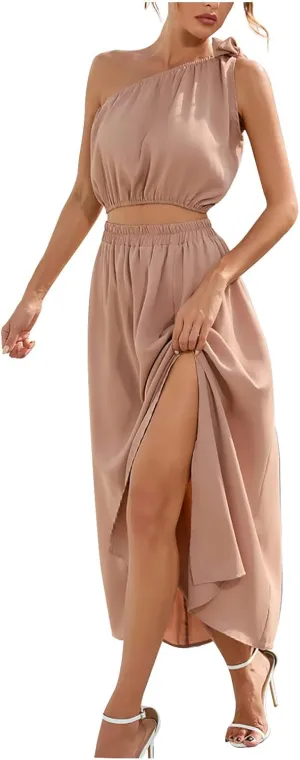 Womens 2 Piece Summer Outfits One Shoulder Smocked Crop Top Casual Split Vacation Maxi Skirt Dress Set 2024 Fashion