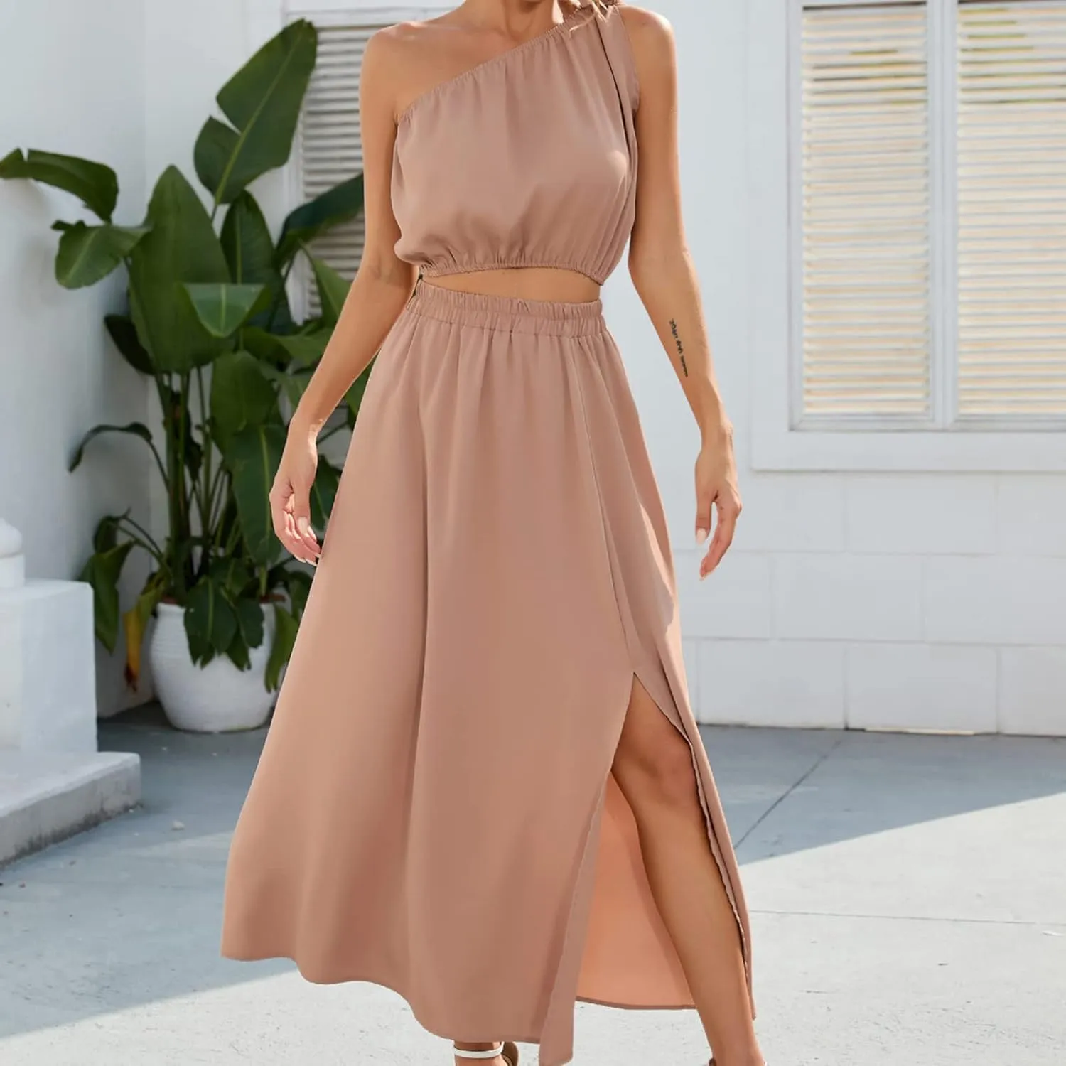 Womens 2 Piece Summer Outfits One Shoulder Smocked Crop Top Casual Split Vacation Maxi Skirt Dress Set 2024 Fashion