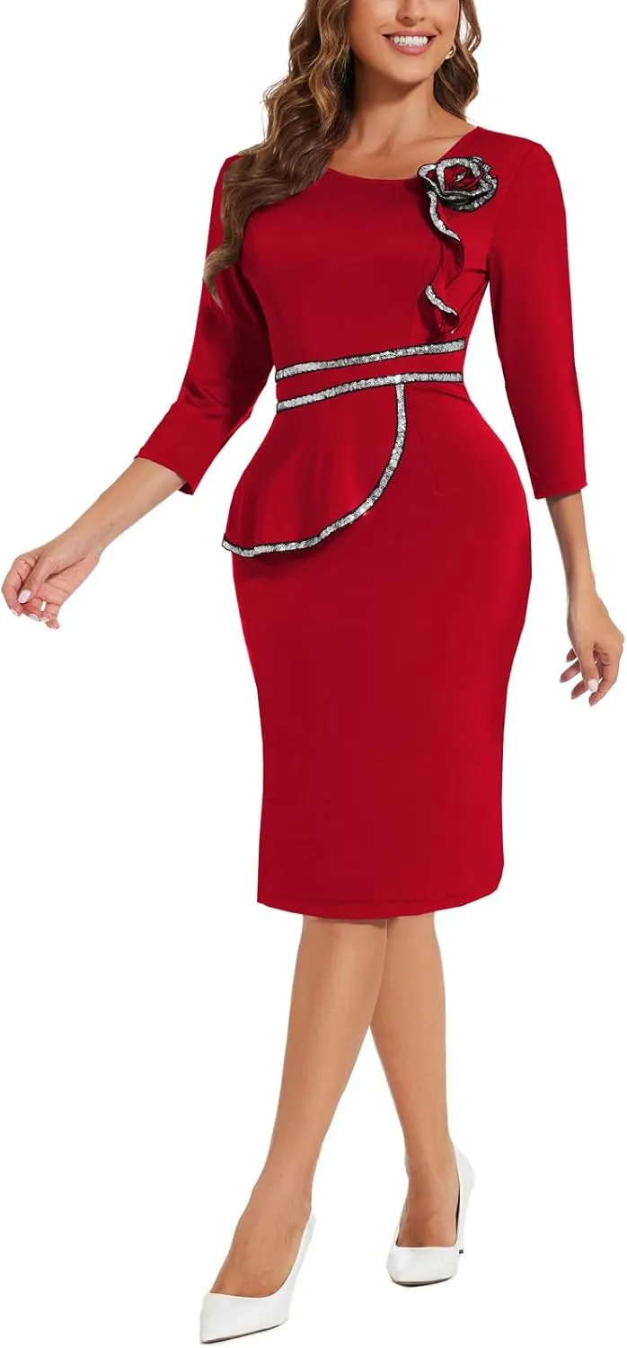 Women's Bodycon Work Pencil Midi Dresses Formal Business Dress Slim Casual Dress Knee Length Party Dress