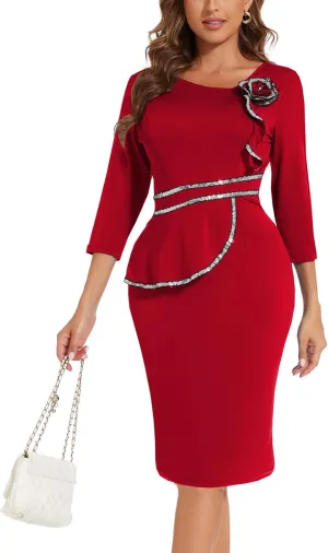 Women's Bodycon Work Pencil Midi Dresses Formal Business Dress Slim Casual Dress Knee Length Party Dress