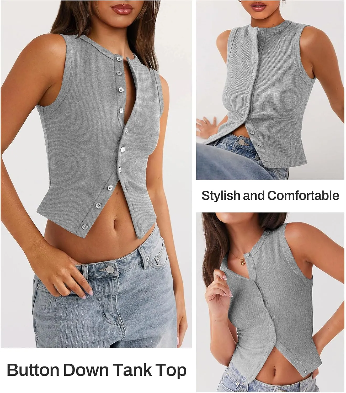 Womens Button Down Tank Top Sleeveless Ribbed Fitted Vest Casual Crewneck Trendy Y2K Going Out Crop Knit Vest Top