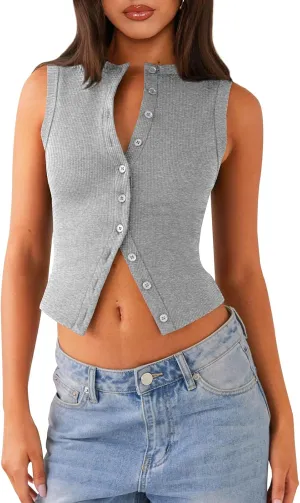 Womens Button Down Tank Top Sleeveless Ribbed Fitted Vest Casual Crewneck Trendy Y2K Going Out Crop Knit Vest Top