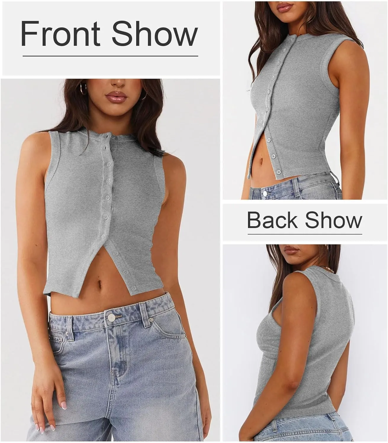 Womens Button Down Tank Top Sleeveless Ribbed Fitted Vest Casual Crewneck Trendy Y2K Going Out Crop Knit Vest Top