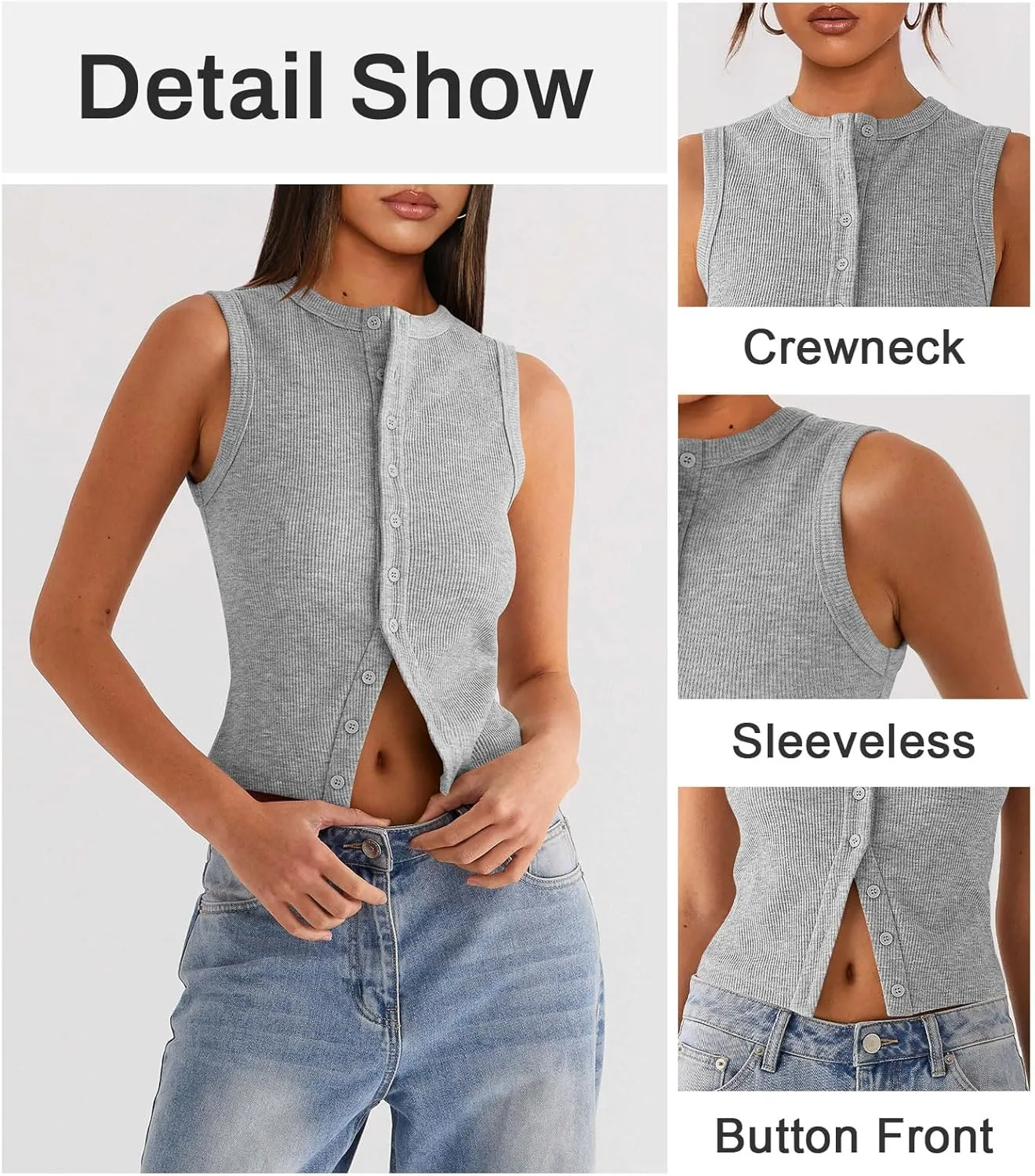 Womens Button Down Tank Top Sleeveless Ribbed Fitted Vest Casual Crewneck Trendy Y2K Going Out Crop Knit Vest Top