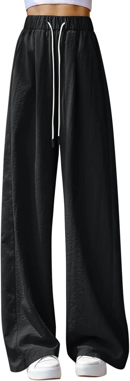 Women's Casual Wide Leg Palazzo Pants Elastic Waist Flowy Linen Trousers Lightweight Summer Beach Vacation