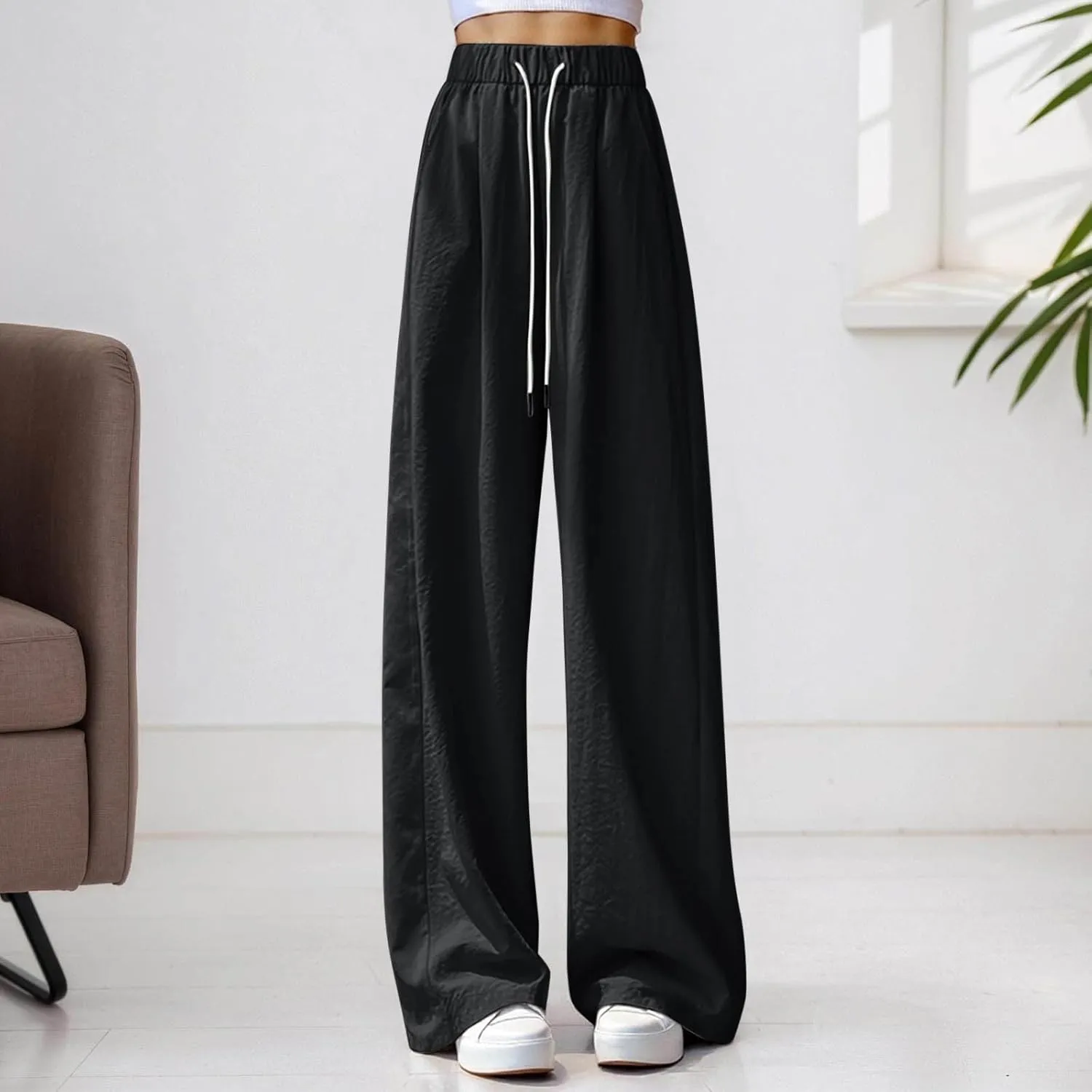 Women's Casual Wide Leg Palazzo Pants Elastic Waist Flowy Linen Trousers Lightweight Summer Beach Vacation