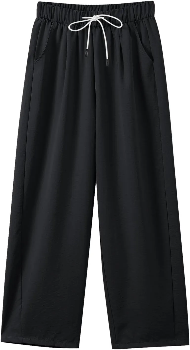 Women's Casual Wide Leg Palazzo Pants Elastic Waist Flowy Linen Trousers Lightweight Summer Beach Vacation