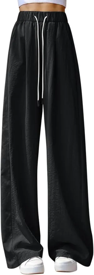 Women's Casual Wide Leg Palazzo Pants Elastic Waist Flowy Linen Trousers Lightweight Summer Beach Vacation