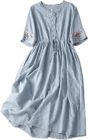 Women's Cotton Linen Dresses Summer Embroidered Sleeve A Line Comfy Cotton Maxi Dress Trendy Summer Vacation Clothes