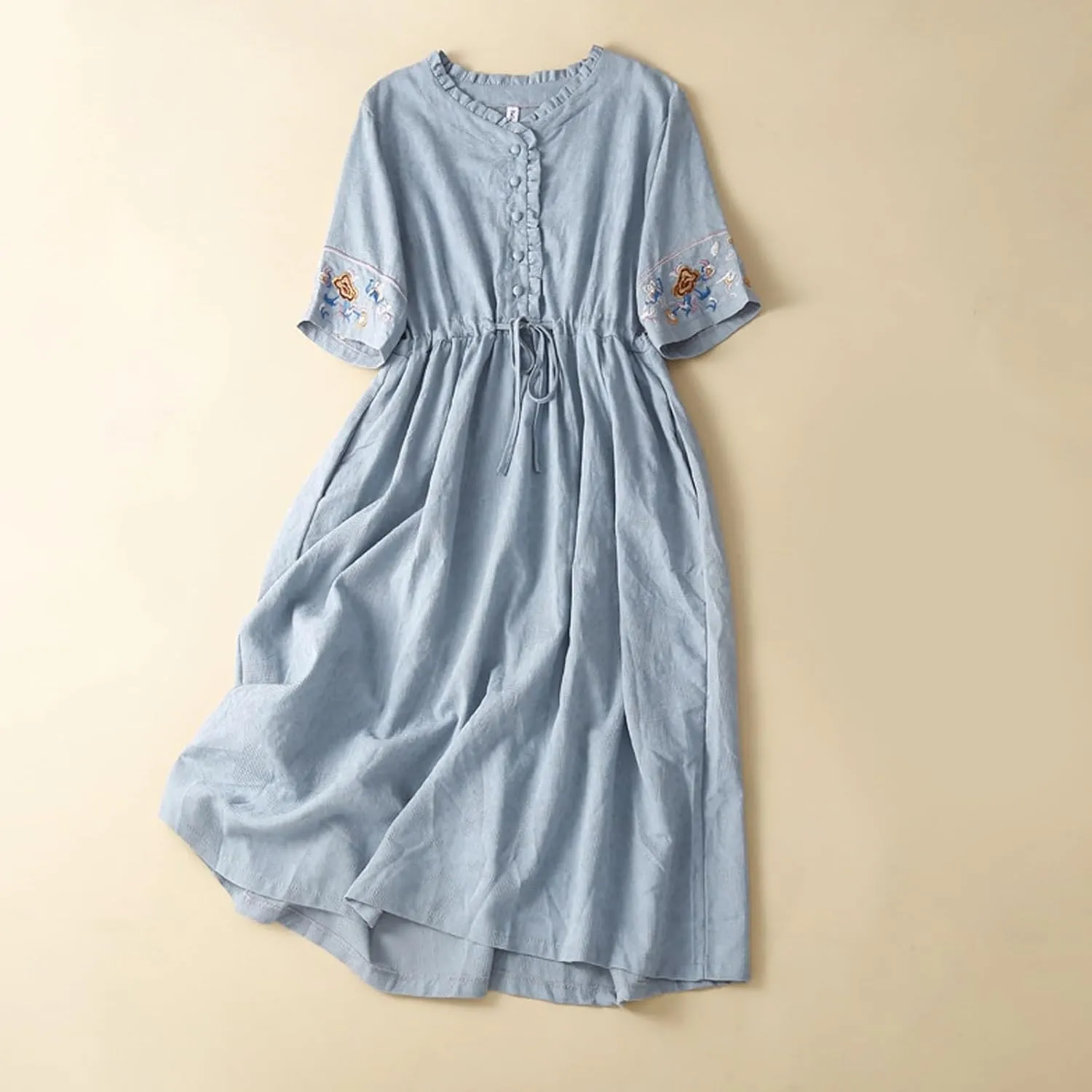 Women's Cotton Linen Dresses Summer Embroidered Sleeve A Line Comfy Cotton Maxi Dress Trendy Summer Vacation Clothes