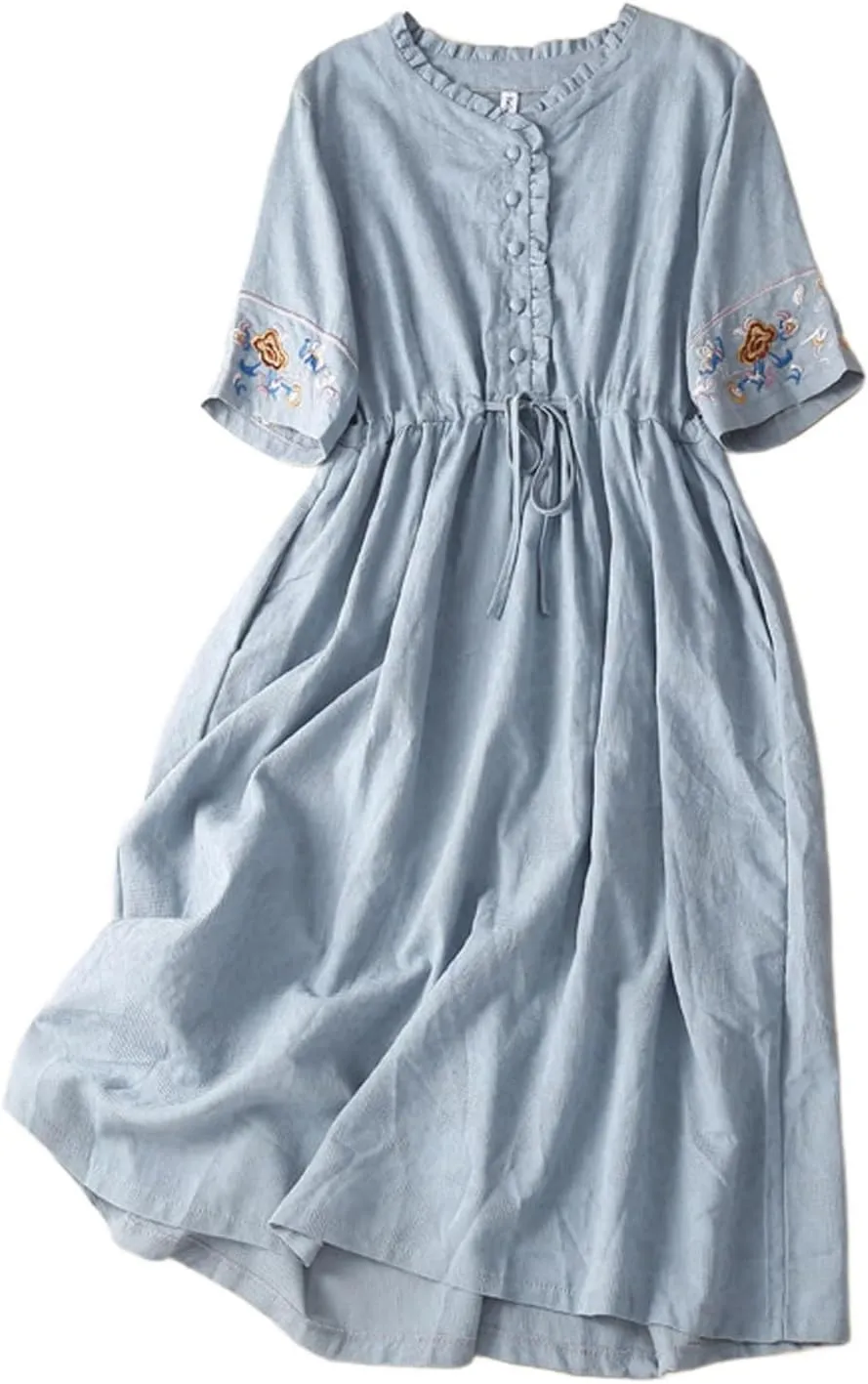 Women's Cotton Linen Dresses Summer Embroidered Sleeve A Line Comfy Cotton Maxi Dress Trendy Summer Vacation Clothes