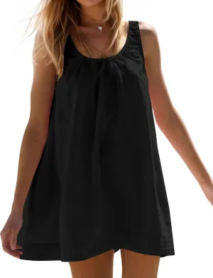 Womens Cotton Linen Mini Dress Casual Ruched Scoop Neck Sleeveless Short Dress Beach Tank Dress Sundress with Pocket