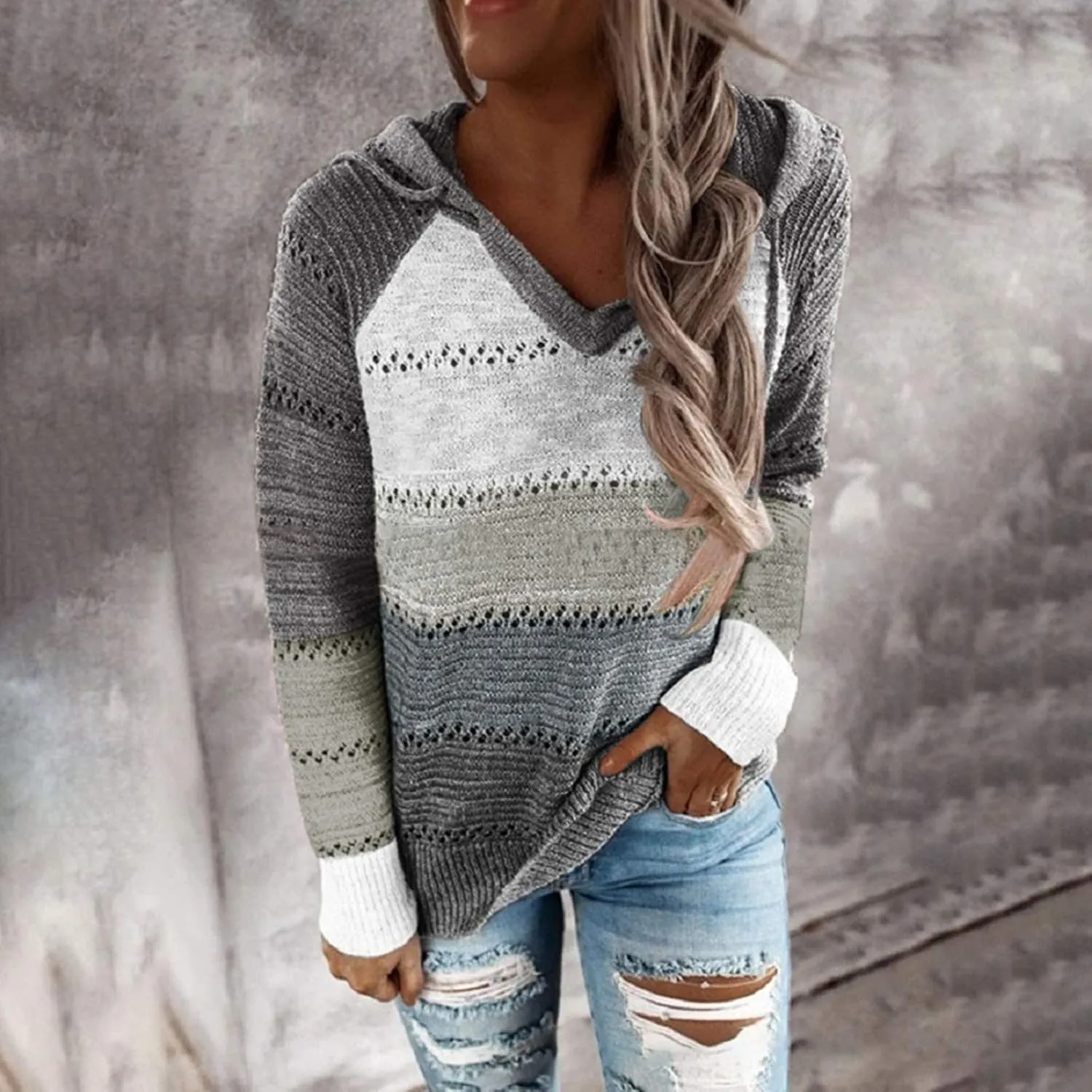 Womens Hoodies Striped Color Block V Neck Knit Fall Pullover Sweater Loose Long Sleeve Drawstring Sweatshirts Tops