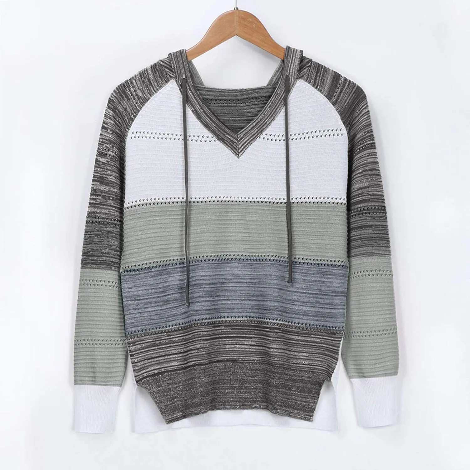 Womens Hoodies Striped Color Block V Neck Knit Fall Pullover Sweater Loose Long Sleeve Drawstring Sweatshirts Tops