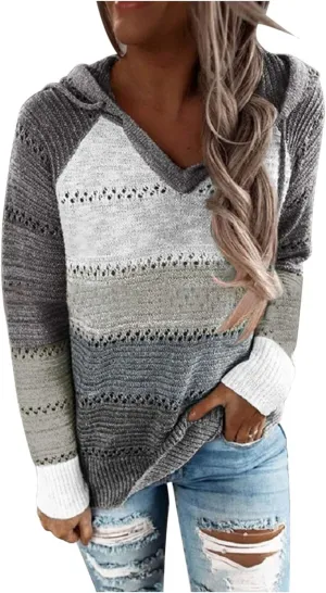 Womens Hoodies Striped Color Block V Neck Knit Fall Pullover Sweater Loose Long Sleeve Drawstring Sweatshirts Tops