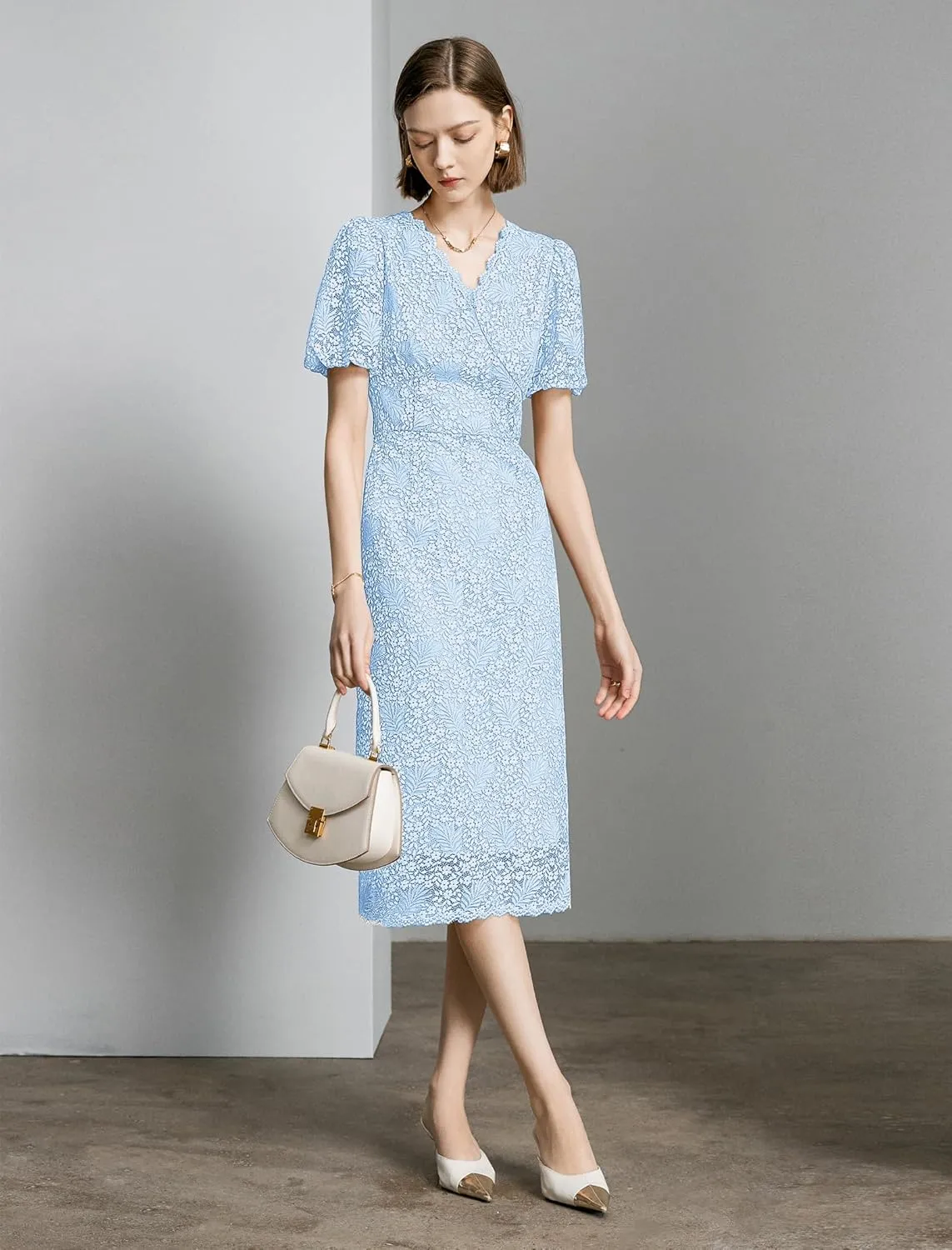 Women's Lace Floral V-Neck Dress with Puff Sleeves and Back Zipper, Elegant and Romantic Design