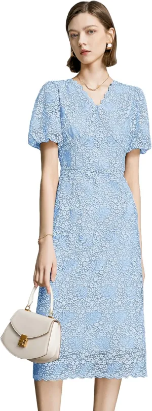 Women's Lace Floral V-Neck Dress with Puff Sleeves and Back Zipper, Elegant and Romantic Design