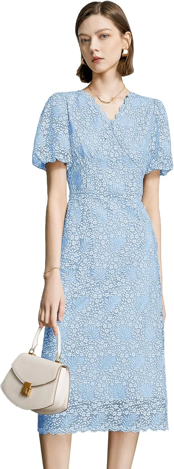 Women's Lace Floral V-Neck Dress with Puff Sleeves and Back Zipper, Elegant and Romantic Design
