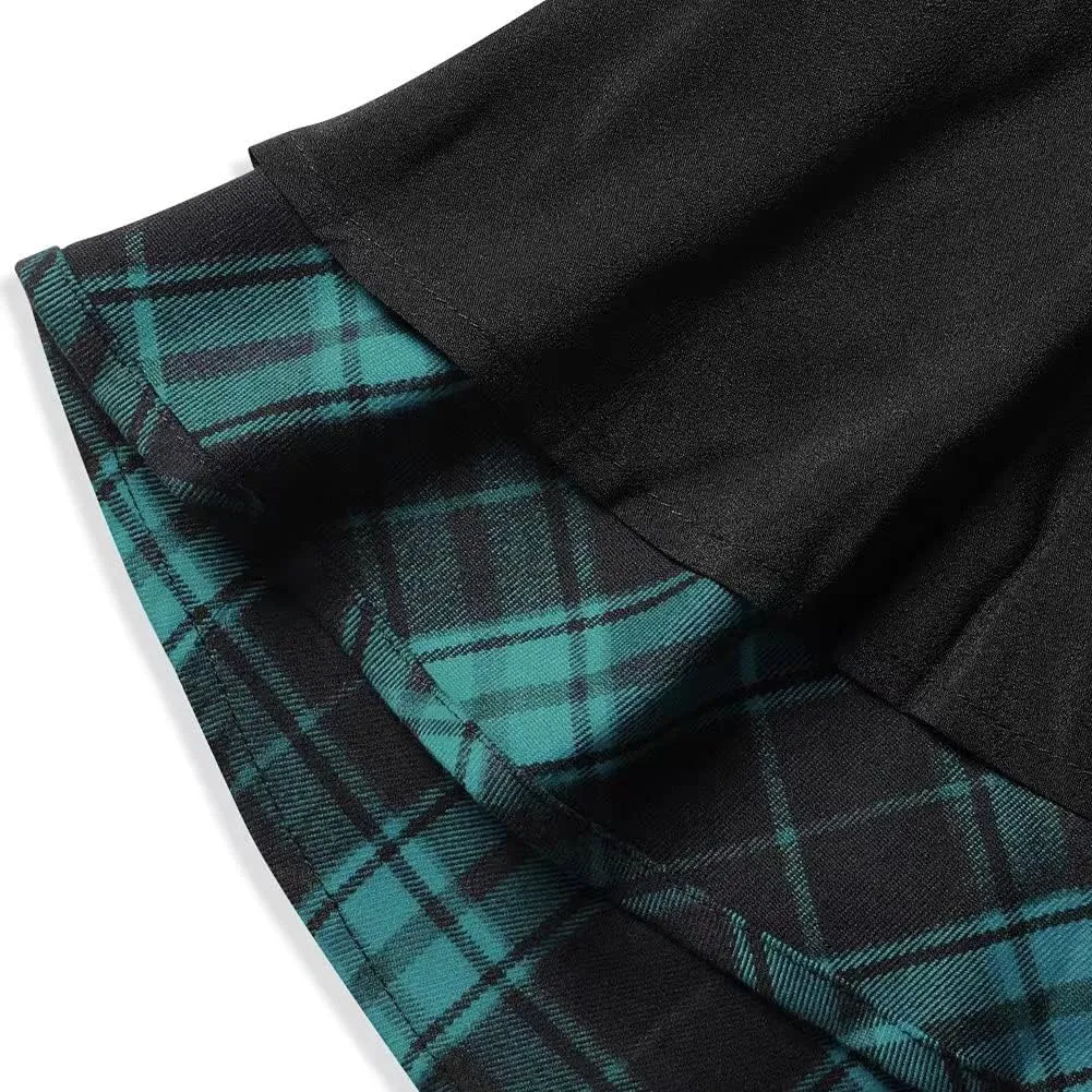 Women's Punk High Adjustable Waisted A-line Flare Gothic Mini Plaid Ruffle Pleated Skirt