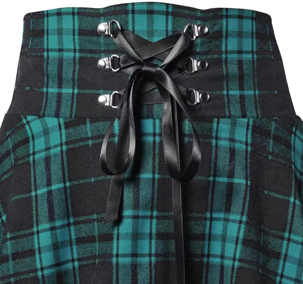 Women's Punk High Adjustable Waisted A-line Flare Gothic Mini Plaid Ruffle Pleated Skirt