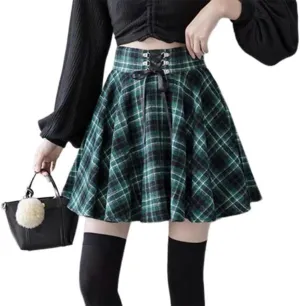 Women's Punk High Adjustable Waisted A-line Flare Gothic Mini Plaid Ruffle Pleated Skirt